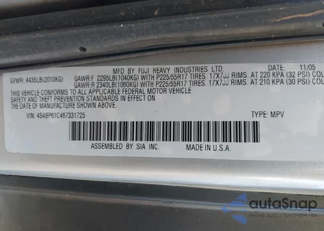 2006 Subaru Outback 2.5I из США, поврежденный, VIN 4S4BP61C467331725